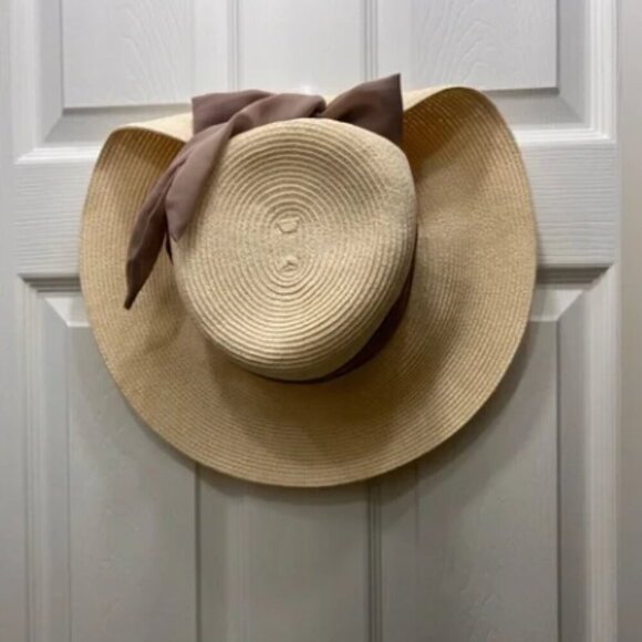 Nine West OS Straw Sun Hat with Mauve/Brow Brim Tie & Bow Pull Up No Callouts!! - Picture 4 of 6